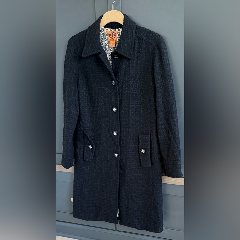 Tory Burch Black Textured Wool Coat with Logo Buttons • 8 - Picture 4 of 12